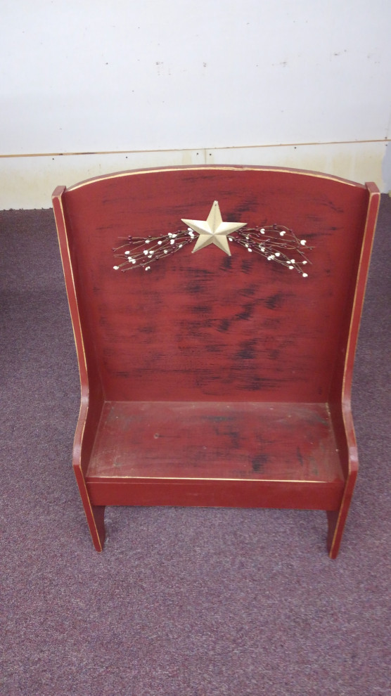 Primitive Pine Miniature Deacon's Bench With Rustic Star, Burgundy