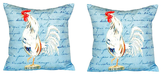 Pair of Betsy Drake White Rooster Script No Cord Pillows 18 Inch X 18 Inch