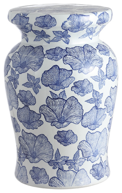 Poppies 17 7 Ceramic Garden Stool White And Blue Contemporary