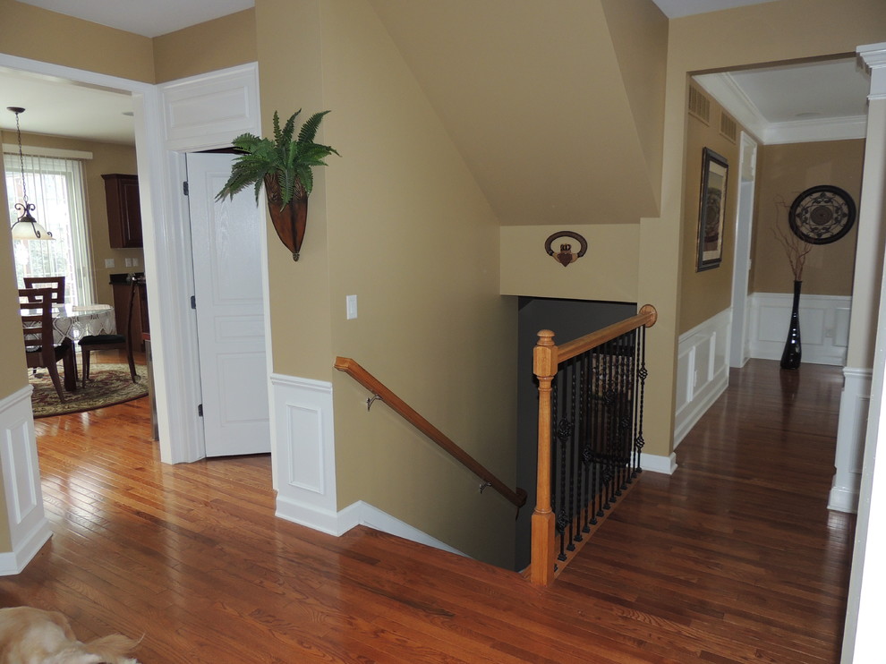 Inspiration for a mid-sized traditional hallway in Detroit with beige walls and medium hardwood floors.