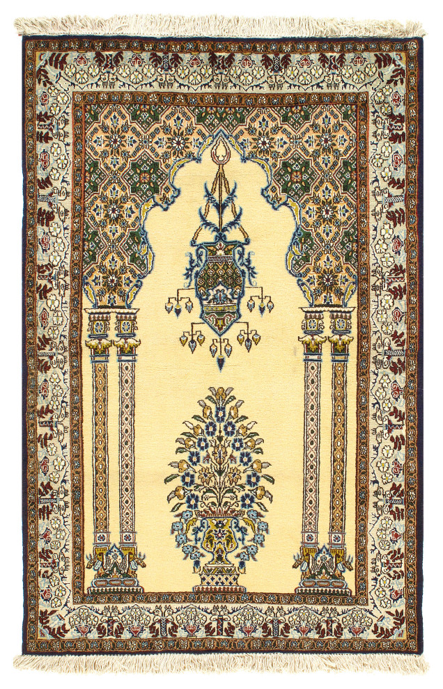Ivory Persian Wool And Silk Qum 3'x5' Traditional Area Rugs by