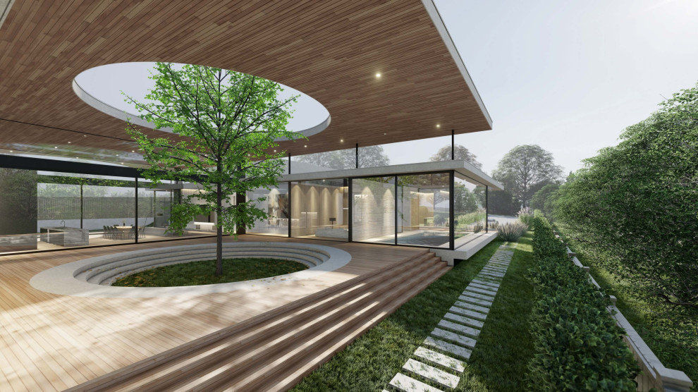 Свежая идея для дизайна: огромный частный загородный дом в современном стиле с облицовкой из бетона и плоской крышей - отличное фото интерьера