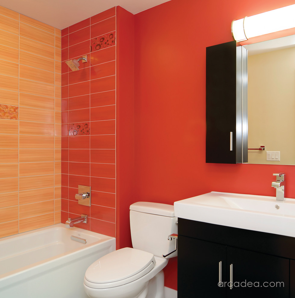 Inspiration for a mid-sized modern 3/4 red tile and ceramic tile ceramic tile bathroom remodel in Denver with a vessel sink, flat-panel cabinets, white cabinets, a one-piece toilet and white walls