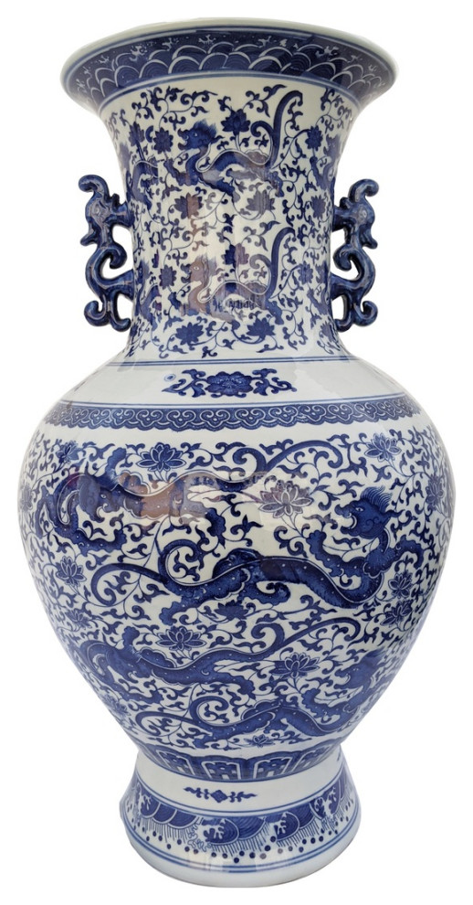 Chinese Dragon Handle Blue and White Vase 24 Inch High Asian Home