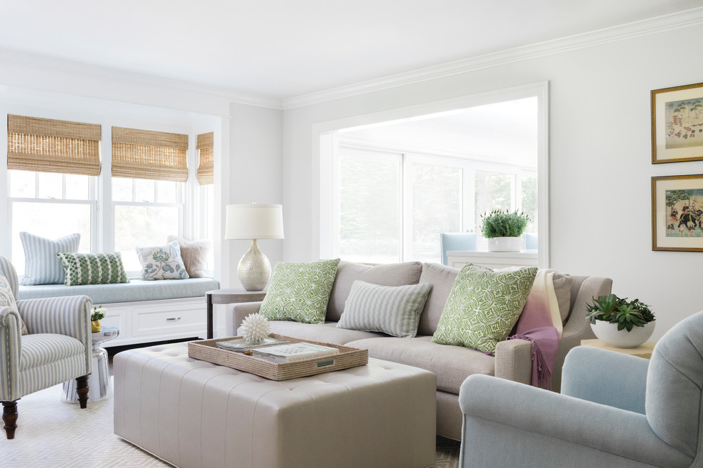 Design ideas for a transitional family room in Boston with grey walls, carpet and grey floor.