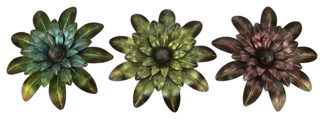 Blue Pink And Gold Metal Art Flower Wall Sculptures Set Of 3 Contemporary Metal Wall Art By Zeckos