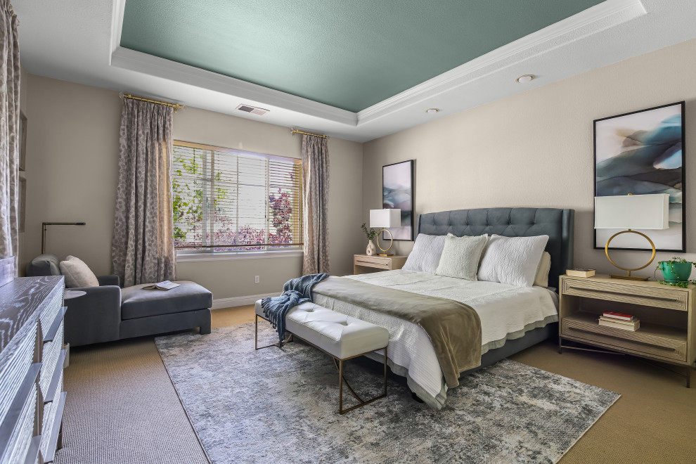 Inspiration for a large transitional master carpeted and tray ceiling bedroom remodel in San Francisco with beige walls