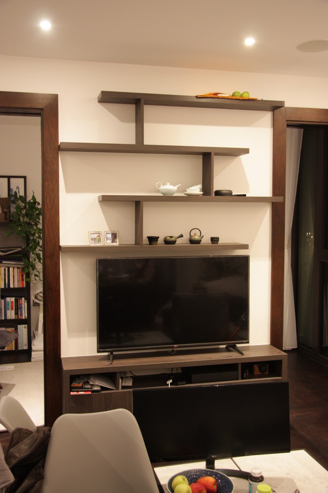 Wood veneer custom made media unit with floating shelves and wardrobe