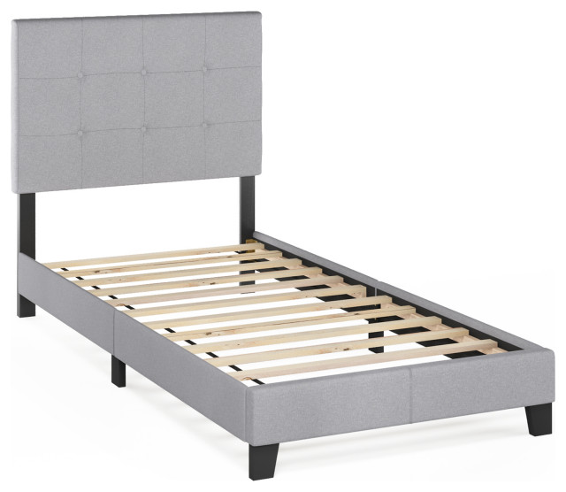 Furinno Laval Button Tufted Bed Frame, 12Piece Slat Style, Glacier