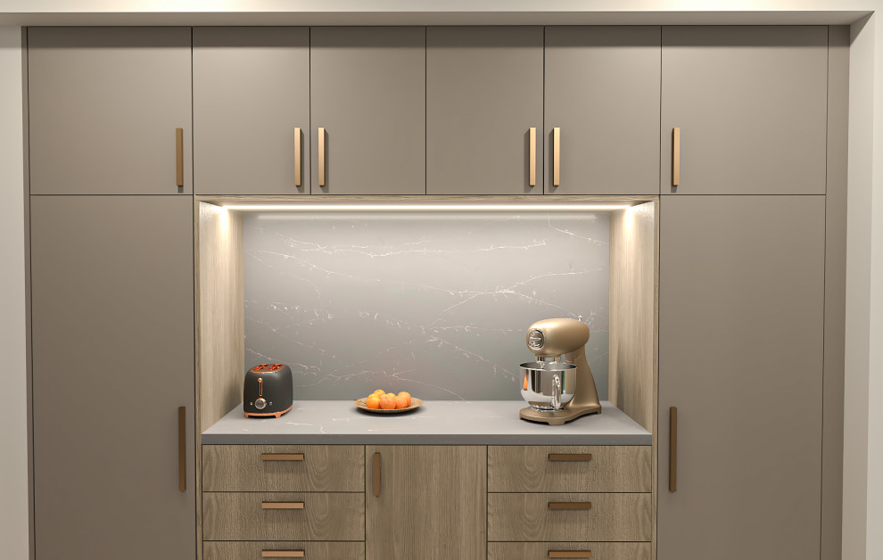 Modern inredning av ett mellanstort grå grått kök med öppen planlösning, med en dubbel diskho, släta luckor, grå skåp, bänkskiva i kvartsit, beige stänkskydd, stänkskydd i mosaik, rostfria vitvaror, laminatgolv, en köksö och beiget golv