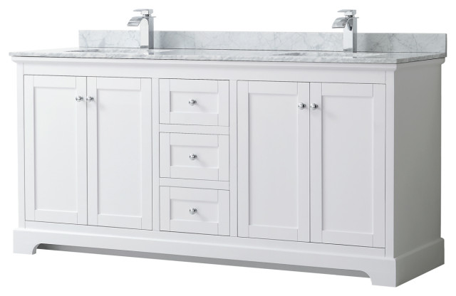 Avery 72" White Double Vanity, Carrara Marble Top, Square Sinks, No Mirror