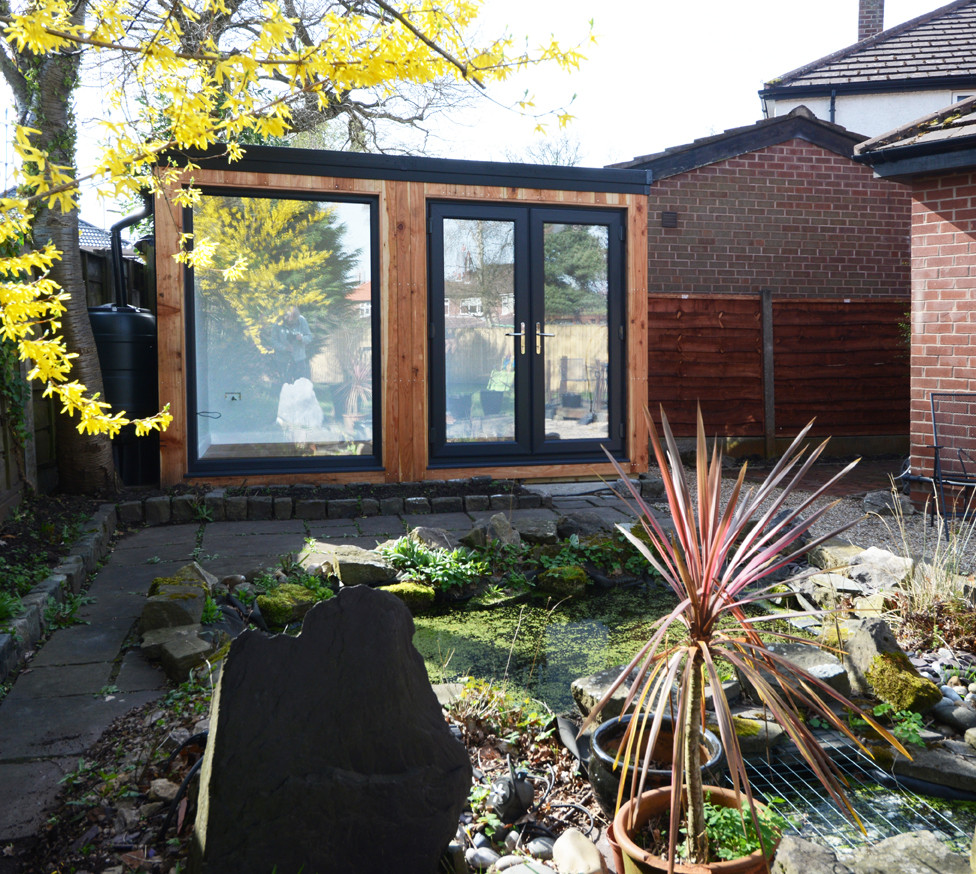 This is an example of a small modern detached office/studio/workshop in Cheshire.