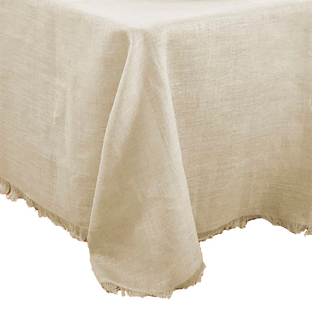 Fringed Burlap Design Tablecloth, 90 X 90 Round Tablecloth