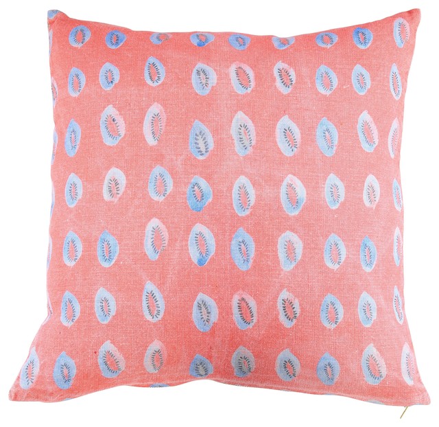 Linen Throw Pillow, Blue Kiwis on Faded Coral, 16"x24", Without Insert