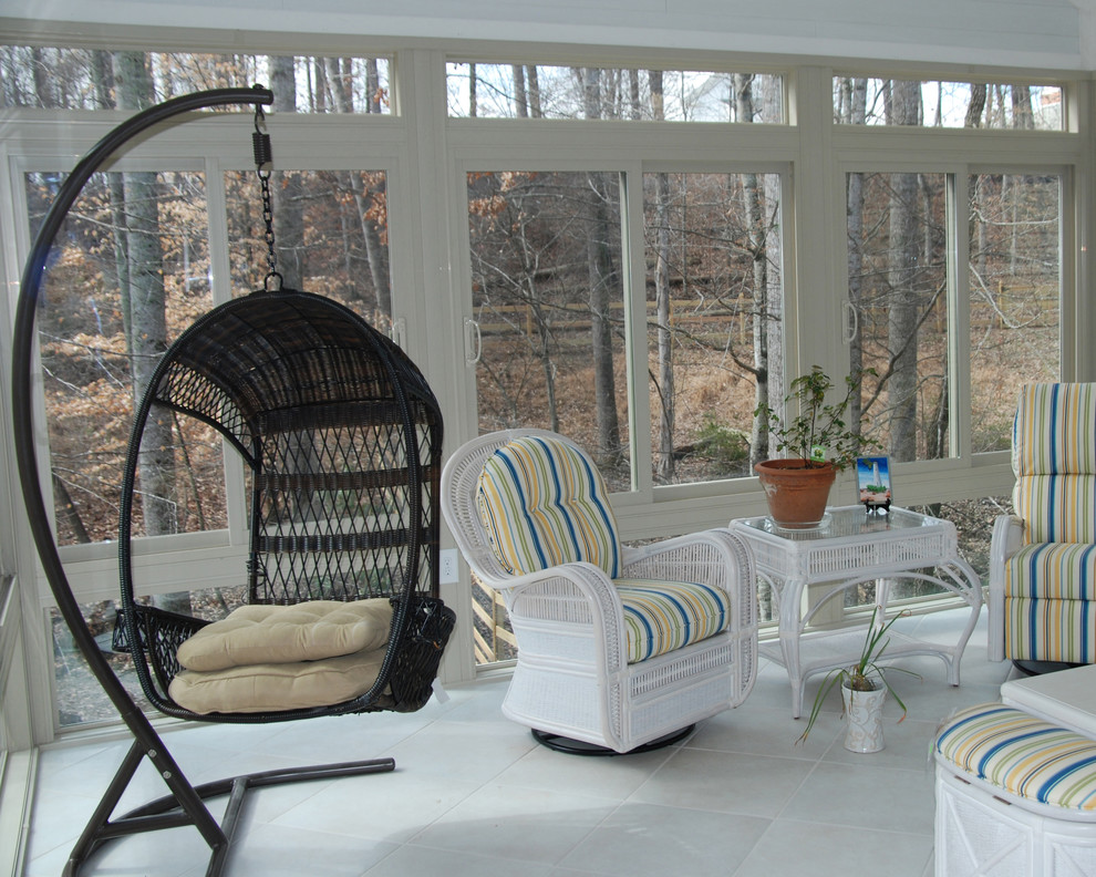 Mid-sized traditional sunroom in Other with porcelain floors, no fireplace, a standard ceiling and white floor.