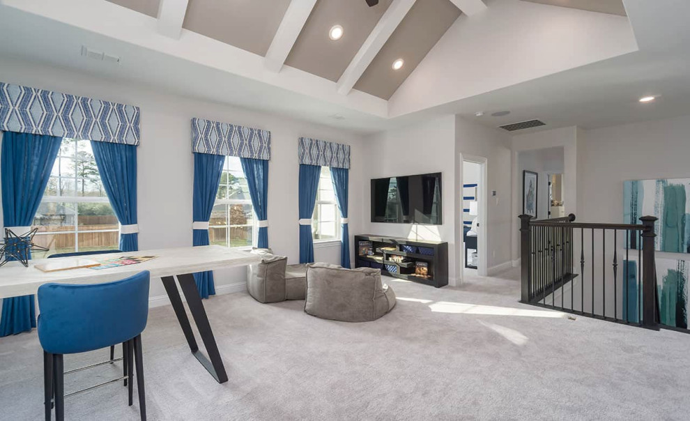 Inspiration for a contemporary loft-style family room in Houston with grey floor, a game room, grey walls, carpet and vaulted.