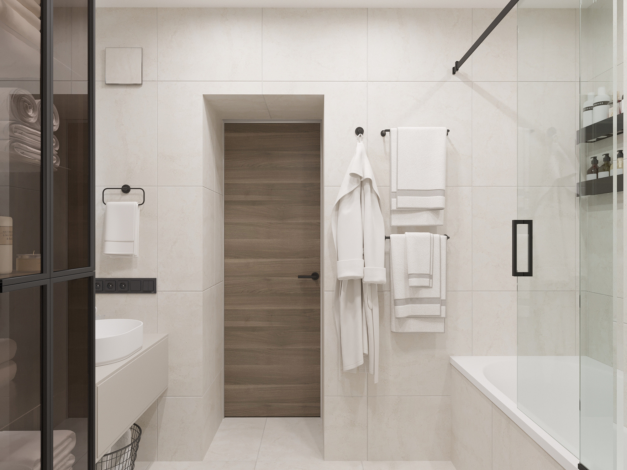 Дизайн интерьера: ванная комната с плиткой под дерево в мокрой зоне
