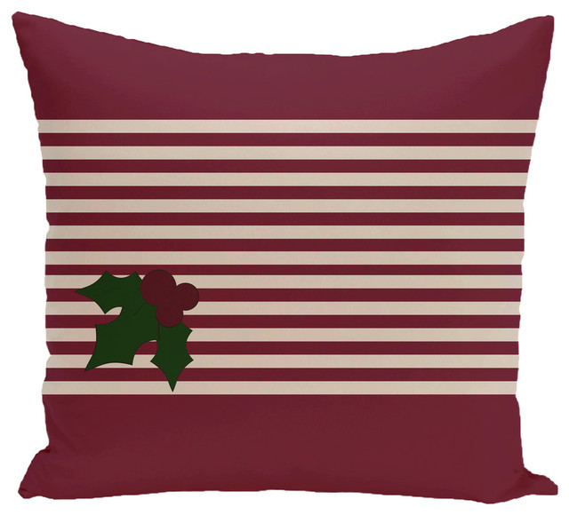 Holly Stripe, Decorative Holiday Stripe Print Pillow, Cranberry, 26"x26"