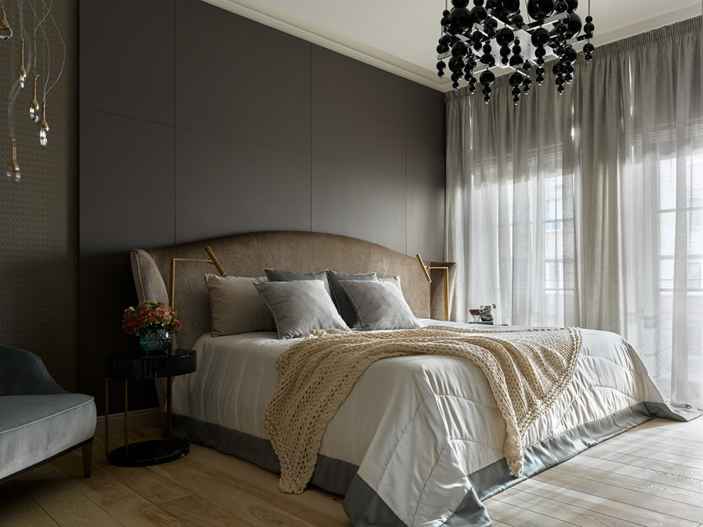 Large contemporary master bedroom in Moscow with grey walls and beige floor.