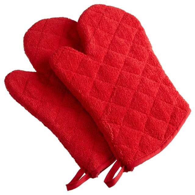 DII Terry Oven Mitt Red, Set of 2 Contemporary Oven Mitts And Pot