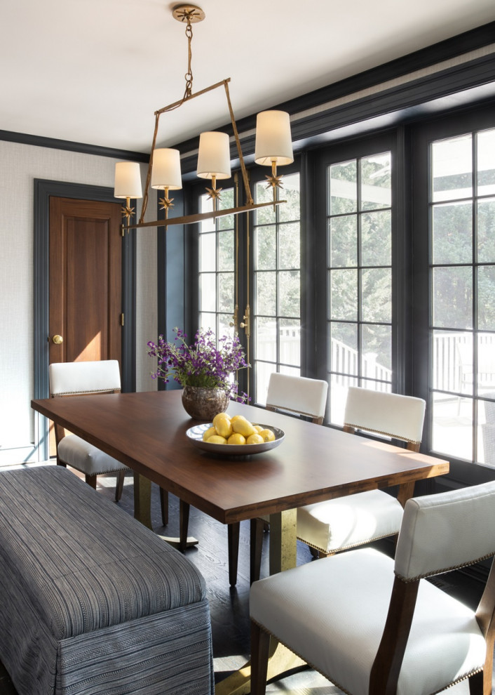 Mid-sized transitional separate dining room in DC Metro with dark hardwood floors and brown floor.