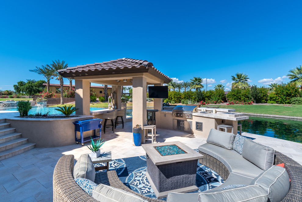 Patio kitchen - mid-sized contemporary backyard tile patio kitchen idea in Phoenix with a gazebo