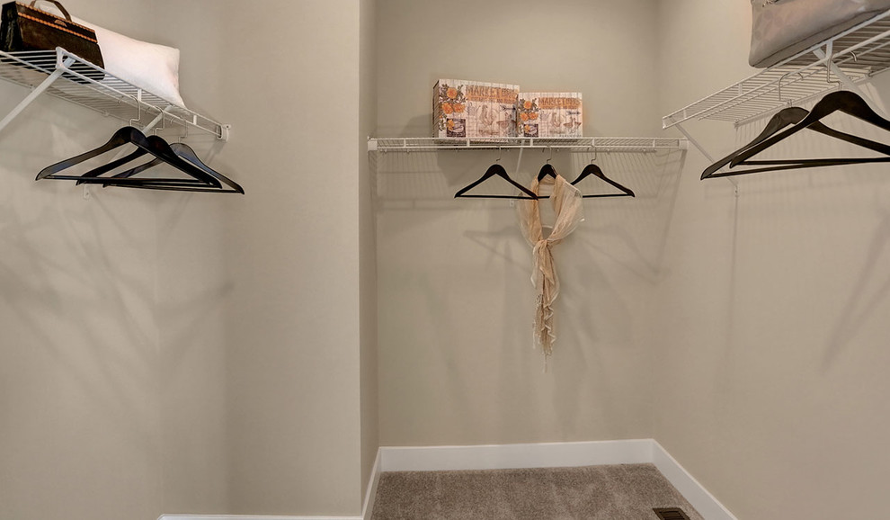 This is an example of a mid-sized traditional gender-neutral walk-in wardrobe in Other with carpet and beige floor.