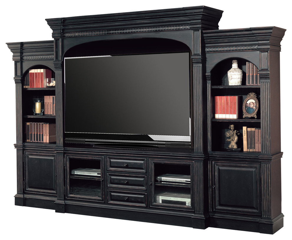 Venezia 77" Entertainment Center 5Piece Wall Unit, Black Traditional