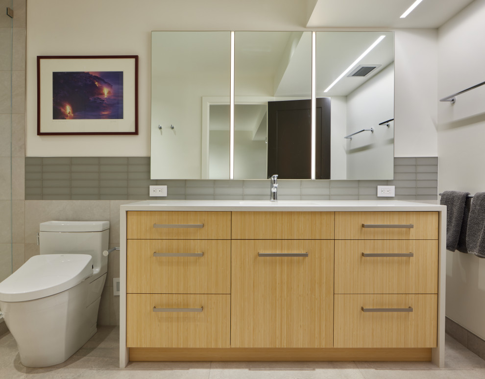 Example of a small 1950s 3/4 gray tile and glass tile porcelain tile, gray floor and single-sink bathroom design in Seattle with light wood cabinets, white walls, an undermount sink, quartz countertops, white countertops and a floating vanity