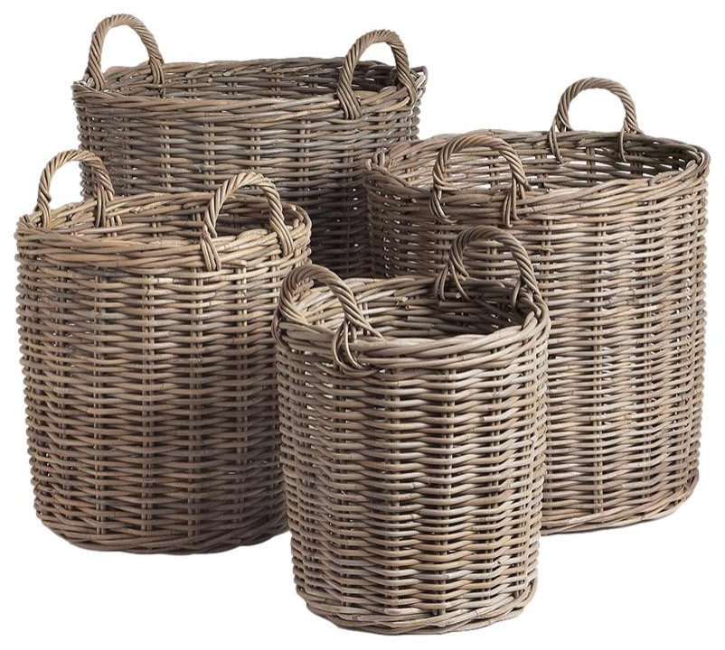 Set of 4 Large Rattan Cane Storage Baskets Round with Handles Laundry