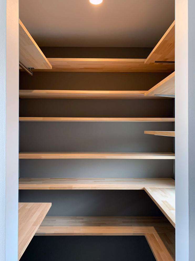 This is an example of a modern storage and wardrobe in Other with grey floor and wallpaper.