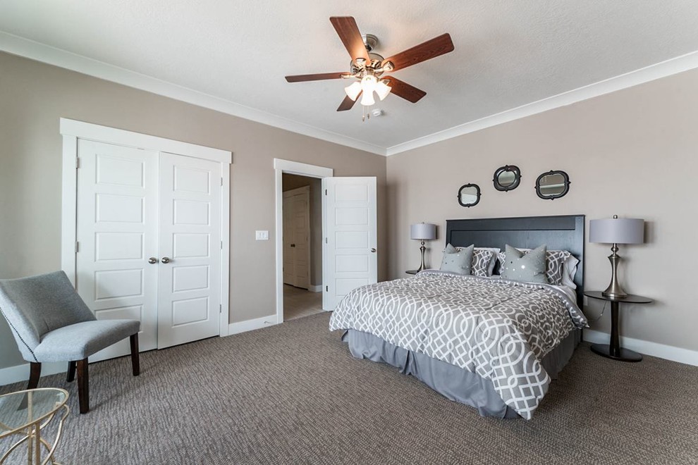 Design ideas for a large transitional master bedroom in Salt Lake City with grey walls, carpet and no fireplace.