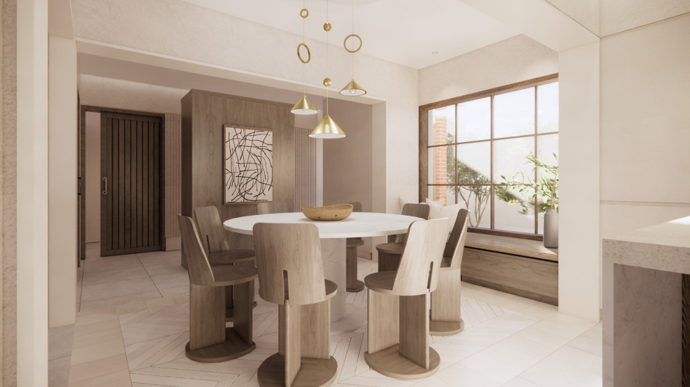 Пример оригинального дизайна: большая гостиная-столовая в стиле модернизм с белыми стенами, полом из керамогранита, белым полом и многоуровневым потолком