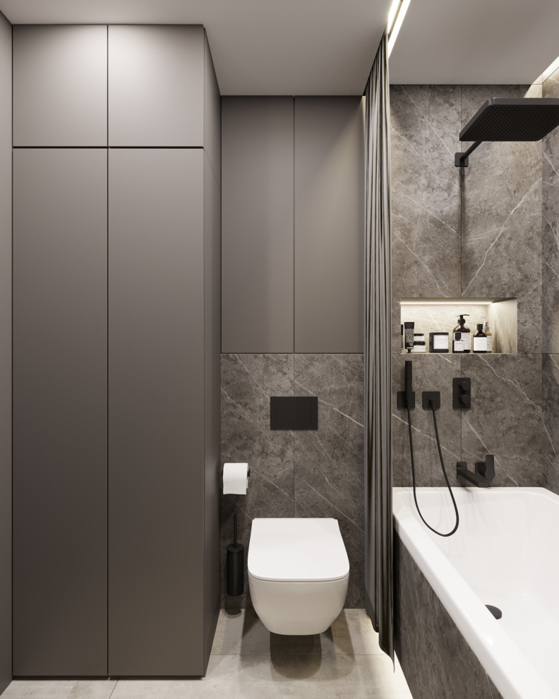 Modern inredning av ett litet grå grått en-suite badrum, med släta luckor, svarta skåp, ett undermonterat badkar, en vägghängd toalettstol, grå kakel, porslinskakel, svarta väggar, klinkergolv i porslin, ett konsol handfat, bänkskiva i akrylsten, grått golv och dusch med duschdraperi