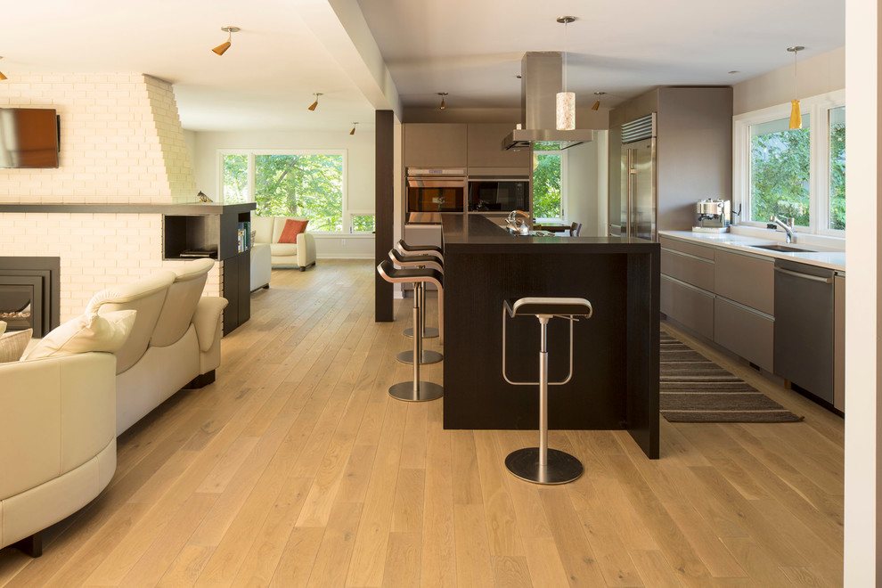 This is an example of a midcentury galley open plan kitchen in Minneapolis with an undermount sink, flat-panel cabinets, grey cabinets and stainless steel appliances.