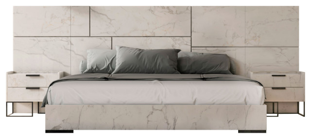 Nova Domus Marbella Italian Modern White Marble Bed With 2 Nightstands, Eastern King