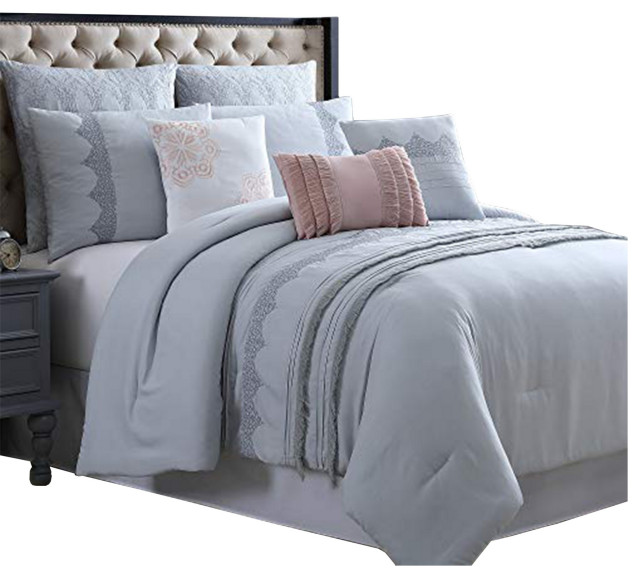 Benzara BM222753 8 Piece Queen Comforter Set, Embroidery and Pleats