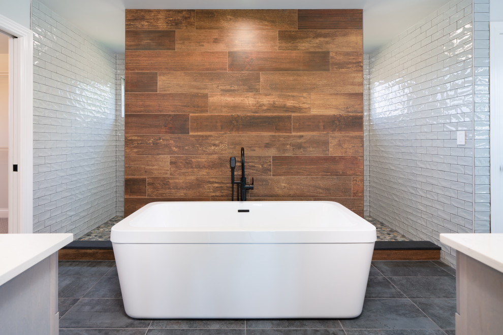 Design ideas for a large arts and crafts master wet room bathroom in Louisville with a freestanding tub, brown tile, wood-look tile, grey walls, slate floors, grey floor, an open shower, white benchtops and wood walls.