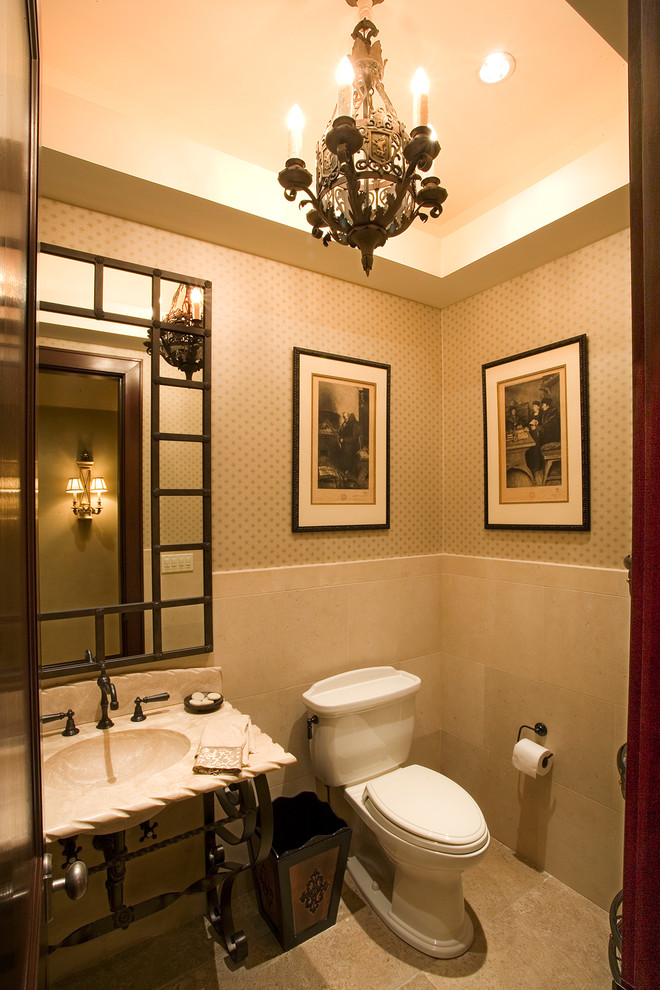 Large mediterranean 3/4 bathroom in New York with beige tile and beige walls.