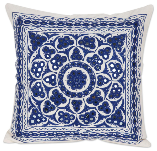 Novica Handmade Royal Blue Embroidered Cotton Cushion Cover