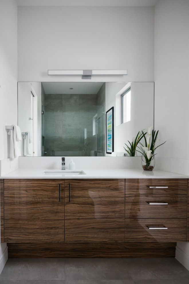 Photo of a large contemporary kids bathroom in Tampa with flat-panel cabinets, dark wood cabinets, a curbless shower, a one-piece toilet, gray tile, porcelain tile, white walls, porcelain floors, an undermount sink, engineered quartz benchtops, grey floor, a hinged shower door, white benchtops, a niche, a single vanity and a built-in vanity.