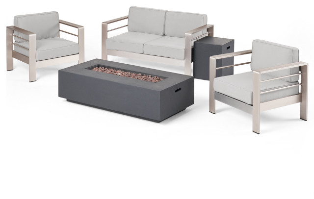 Crested Bay Outdoor Aluminum 4 Seater Chat Set with Fire Pit, Cast Silver, Dark Gray Fire Table