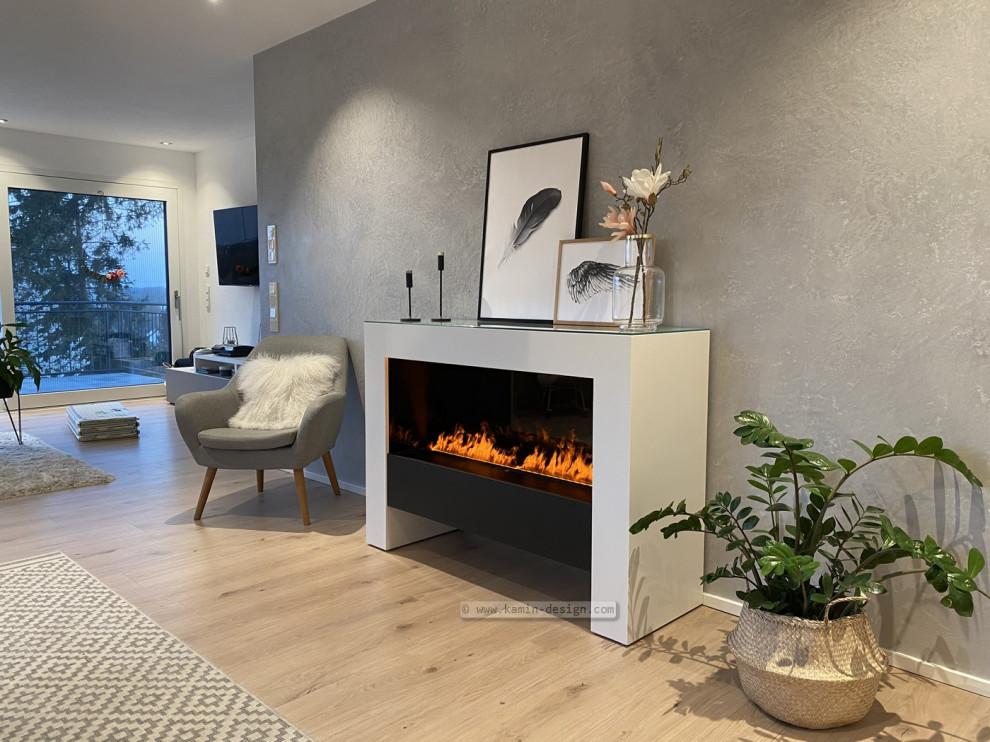 Example of a mid-sized trendy formal and open concept living room design in Munich with a wood stove