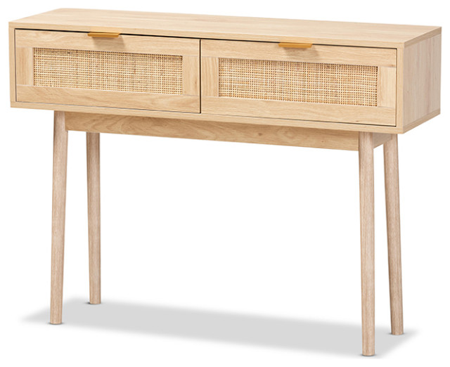 Lani MidCentury Modern Light Oak Brown Wood and Rattan 2Drawer