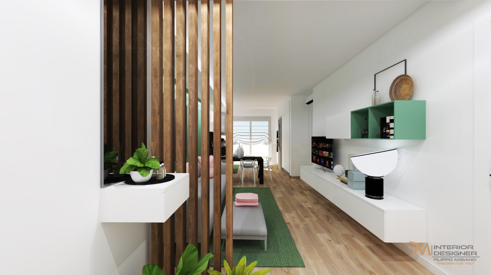 Idee per un piccolo soggiorno minimalista chiuso con pareti verdi, parquet chiaro, nessun camino, parete attrezzata, pavimento marrone, soffitto ribassato e con abbinamento di divani diversi