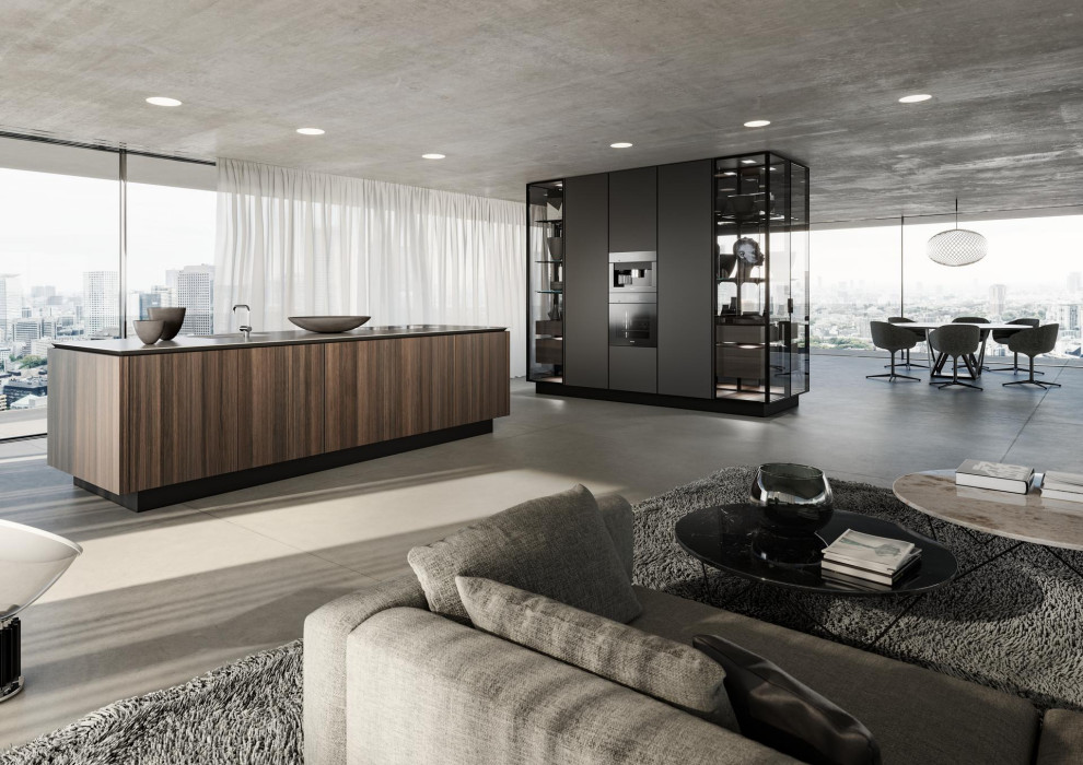 Design ideas for a modern galley open plan kitchen in Tokyo with flat-panel cabinets, dark wood cabinets, stainless steel benchtops, brown splashback, with island and grey benchtop.