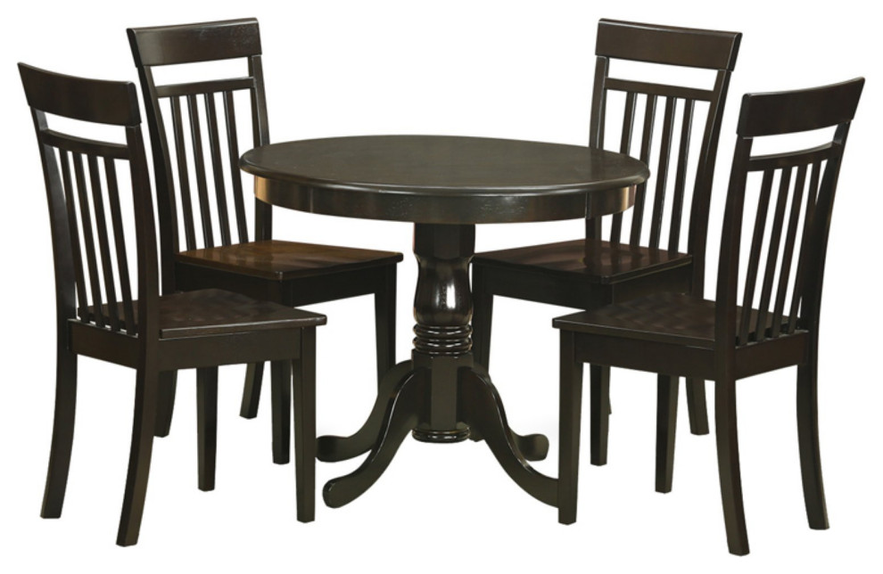 Dining Set, Slatted Back Chairs & Round Table With Pedestal Base, Espresso Traditional
