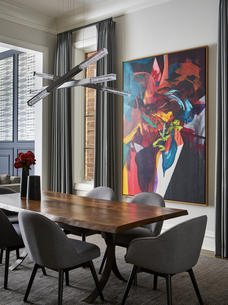 Photo of a contemporary dining room in Chicago with grey walls, dark hardwood floors and brown floor.