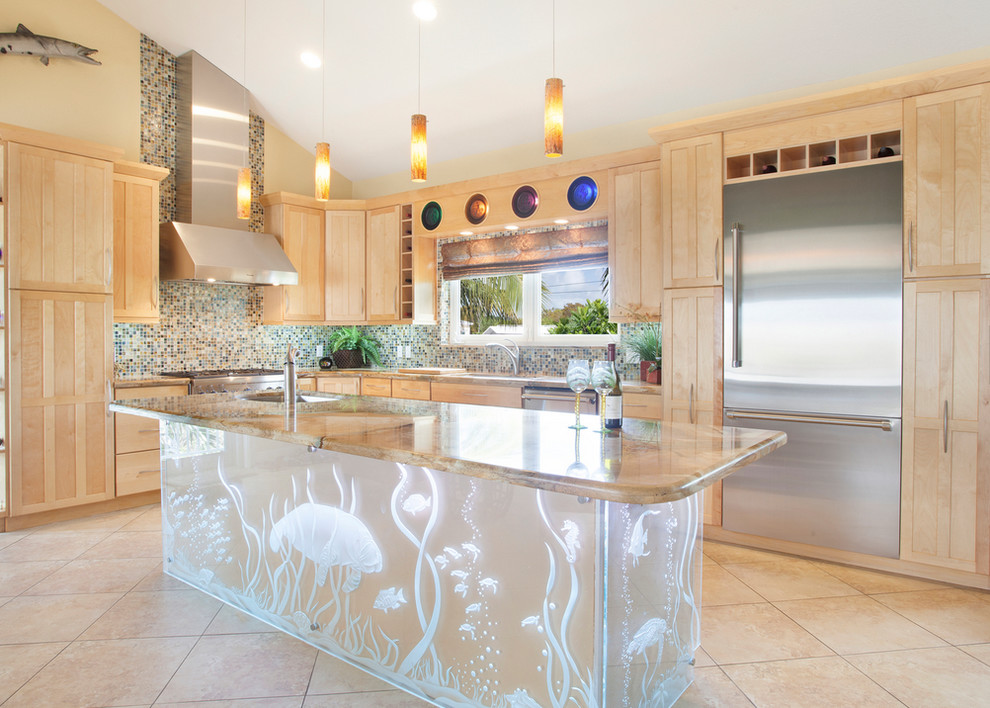 Large eclectic l-shaped open plan kitchen in Miami with a single-bowl sink, shaker cabinets, light wood cabinets, granite benchtops, blue splashback, porcelain splashback, stainless steel appliances, porcelain floors and with island.