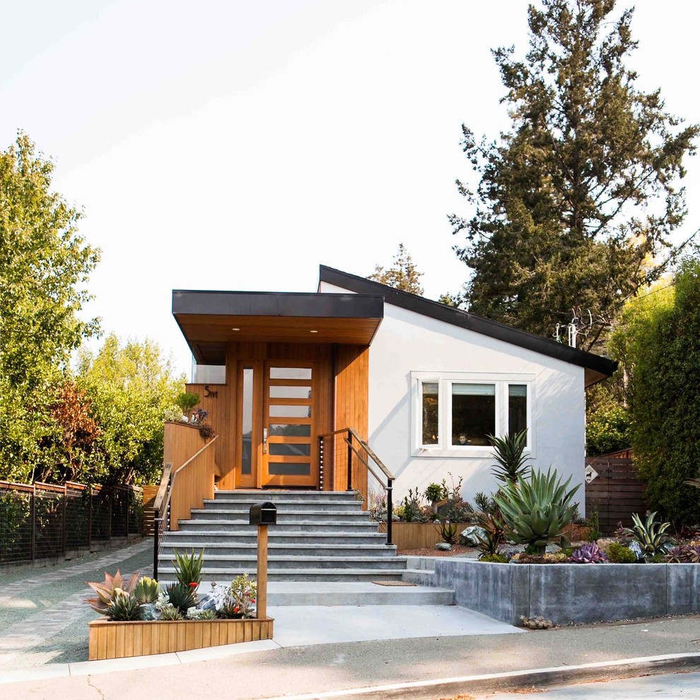 This is an example of a contemporary one-storey white house exterior in San Francisco with mixed siding and a shed roof.